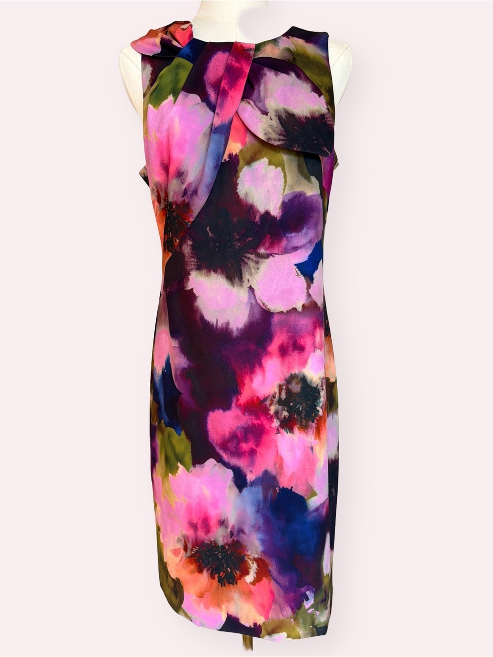 Trina Turk With A Twist Watercolor Floral Sheath Dress Asymmetric Pink Purple